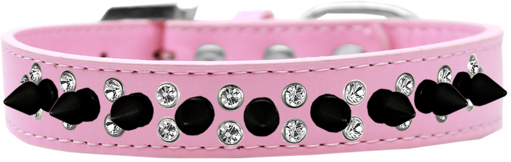 Double Crystal and Black Spikes Dog Collar Light Pink Size 16
